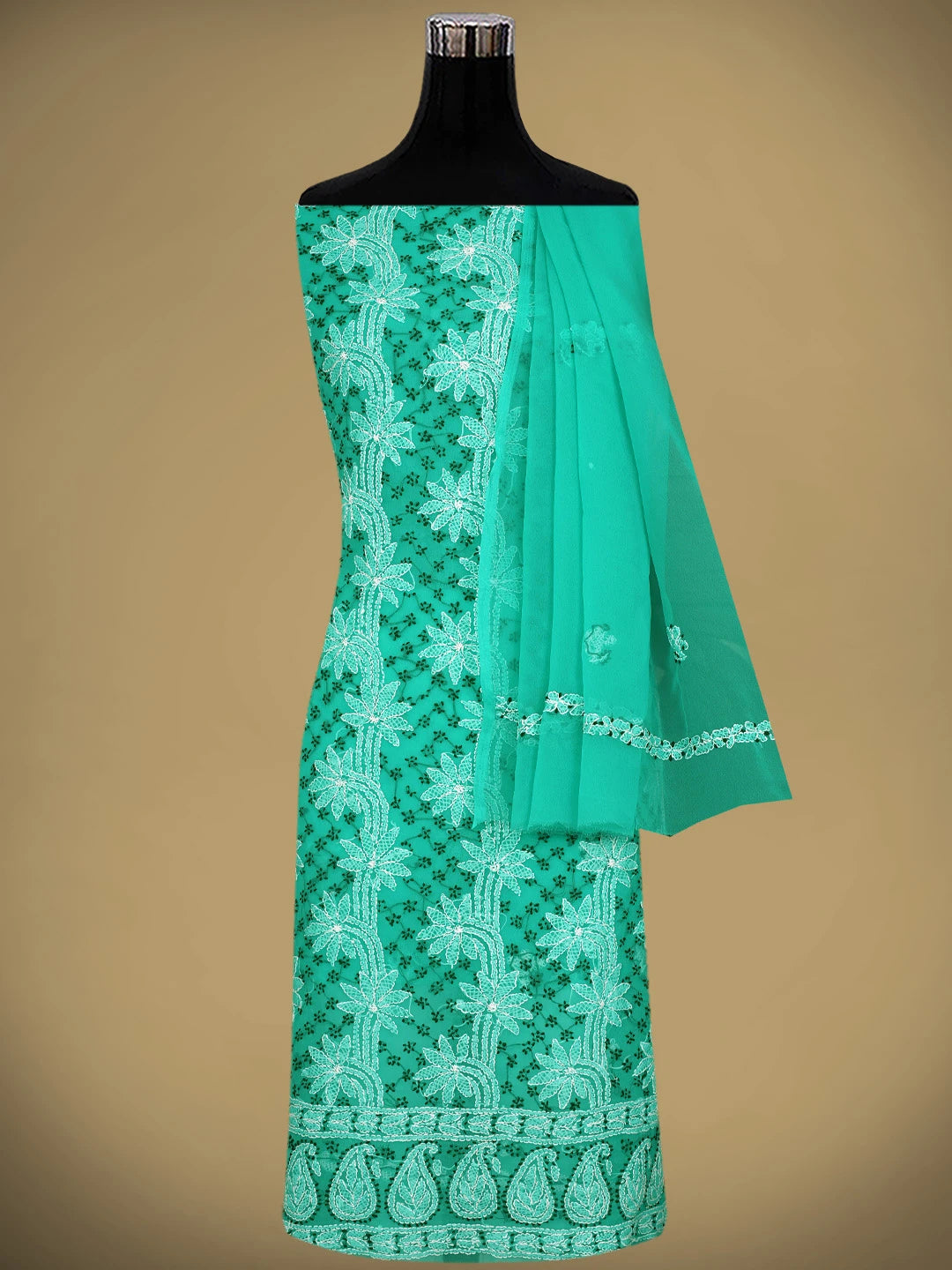 Ada Hand Embroidered Rama Green Georgette Lucknowi Chikankari Unstitched Suit Piece 01A872097
