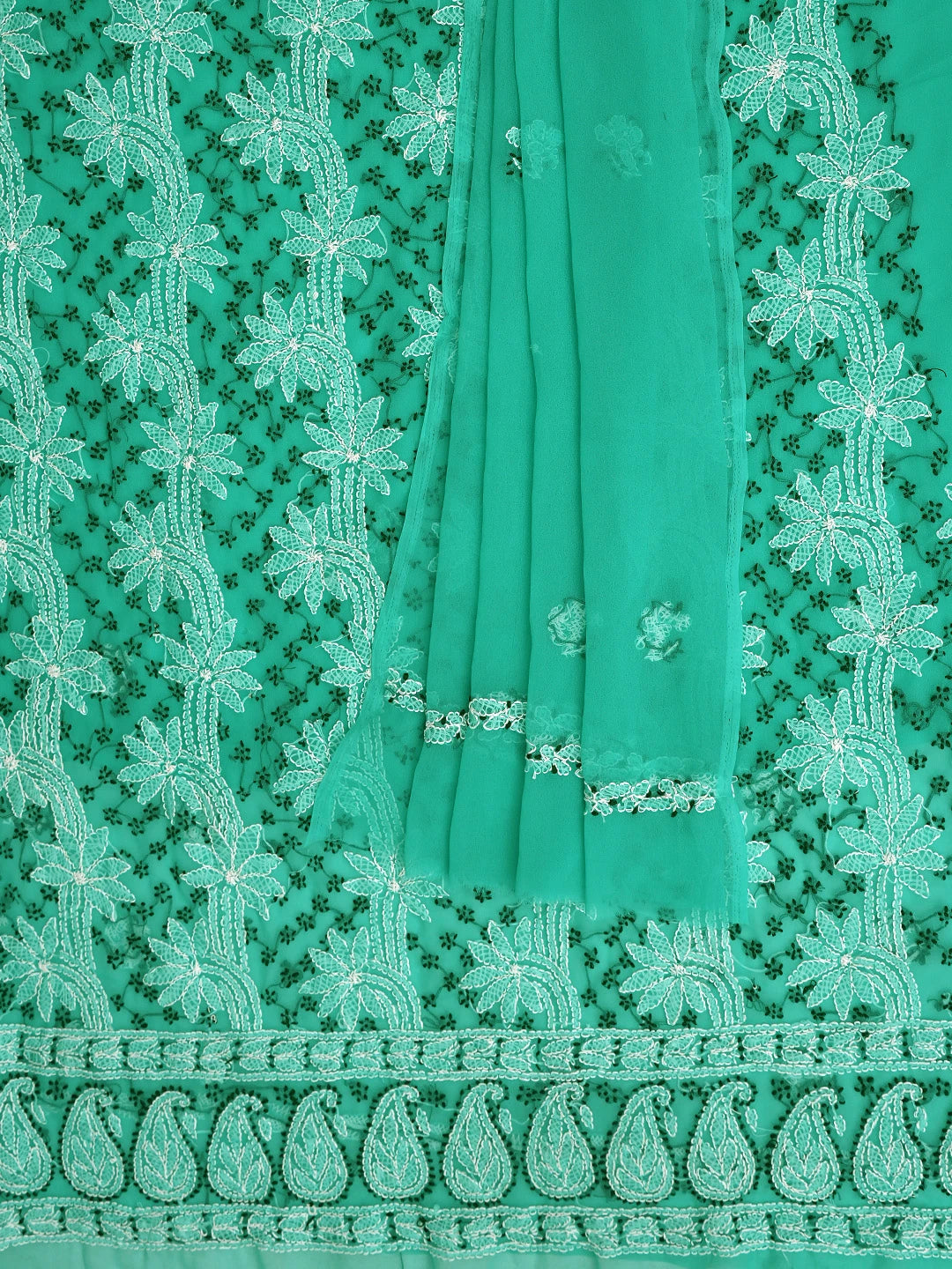 Ada Hand Embroidered Rama Green Georgette Lucknowi Chikankari Unstitched Suit Piece 01A872097