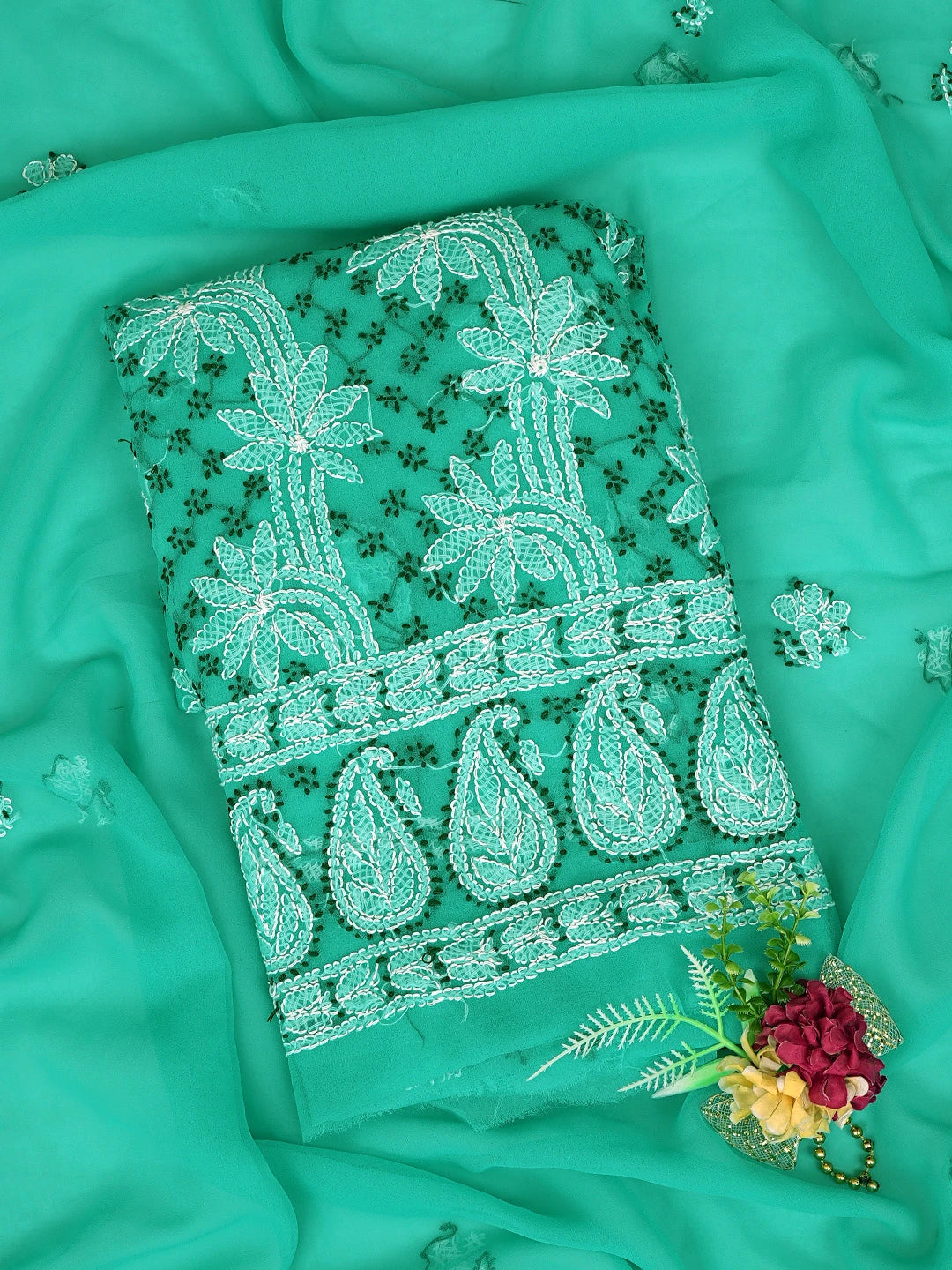 Ada Hand Embroidered Rama Green Georgette Lucknowi Chikankari Unstitched Suit Piece 01A872097