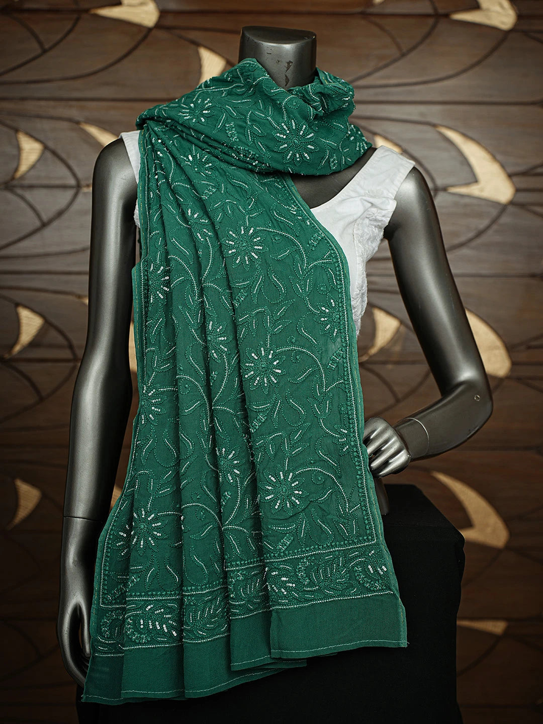 Ada Hand Embroidered Forest Green Viscose Georgette Lucknowi Chikankari Dupatta With Cutdana Work 01A626522