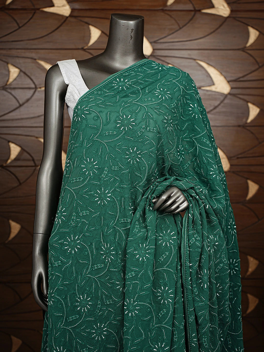 Ada Hand Embroidered Forest Green Viscose Georgette Lucknowi Chikankari Dupatta With Cutdana Work 01A626522