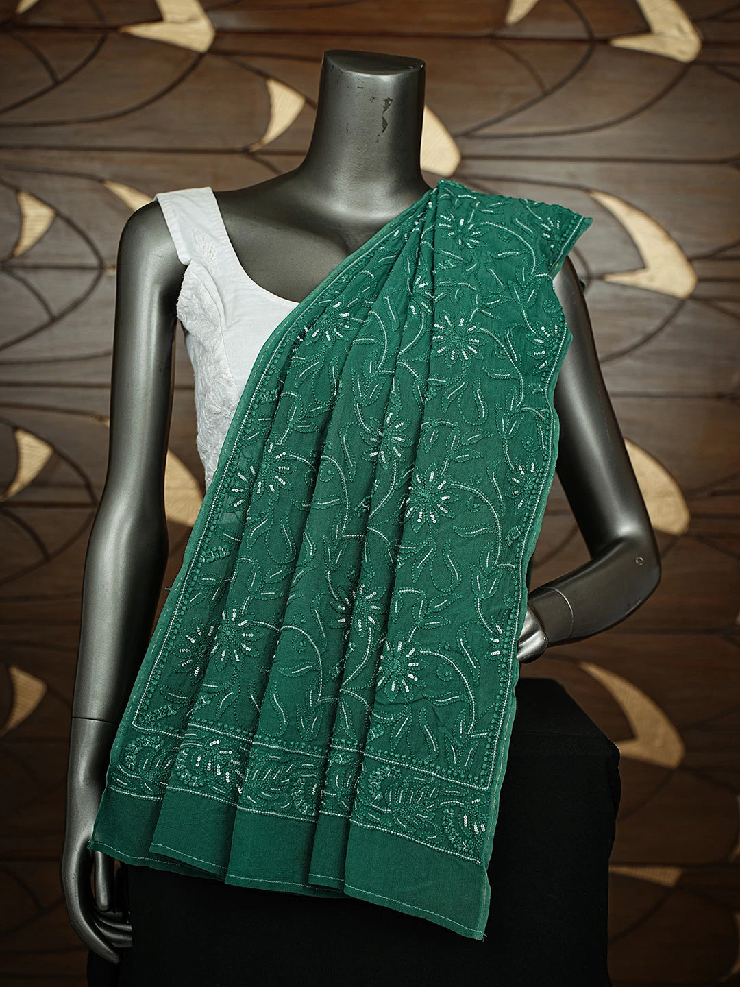Ada Hand Embroidered Forest Green Viscose Georgette Lucknowi Chikankari Dupatta With Cutdana Work 01A626522