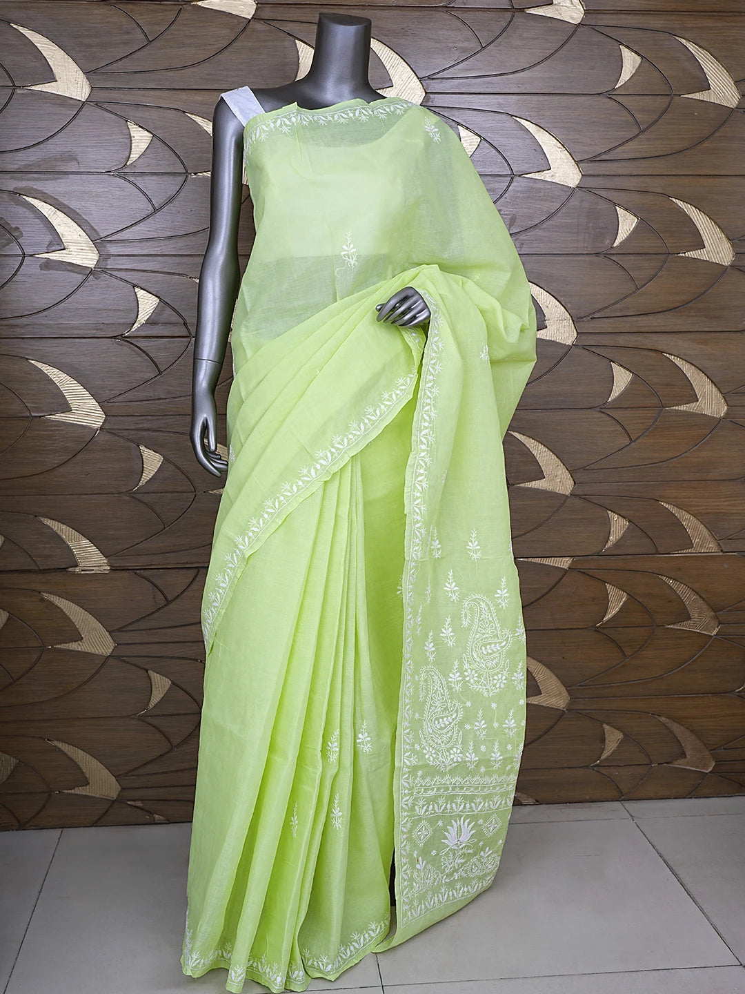 Ada Hand Embroidered Lime Green Cotton Lucknowi Chikankari Saree With Blouse 01A890896