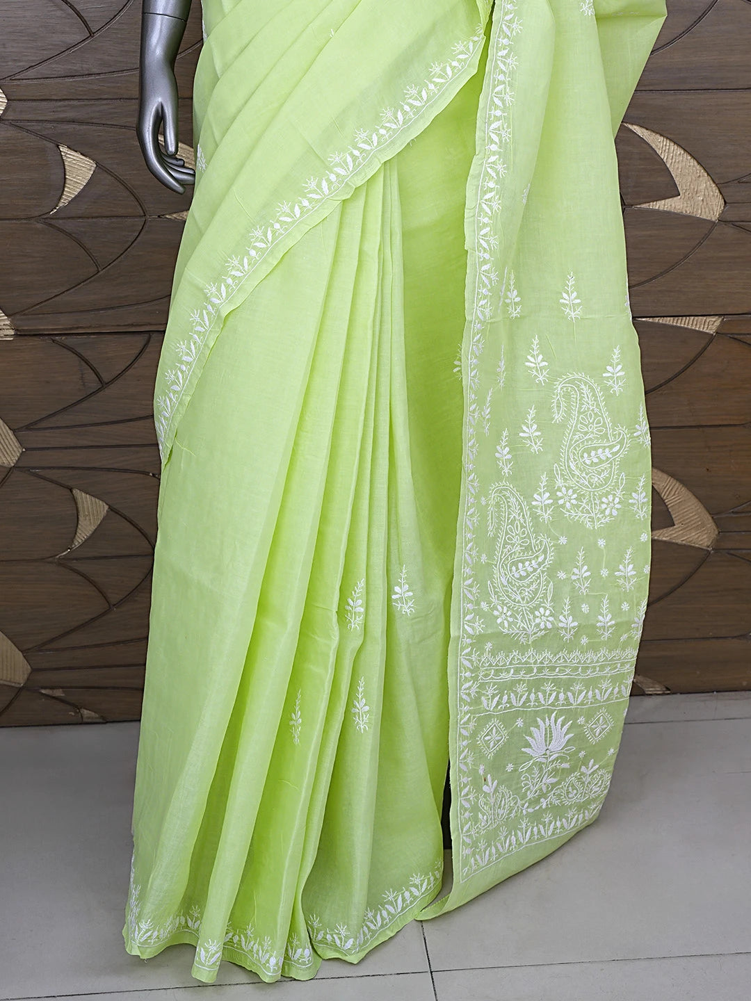 Ada Hand Embroidered Lime Green Cotton Lucknowi Chikankari Saree With Blouse 01A890896