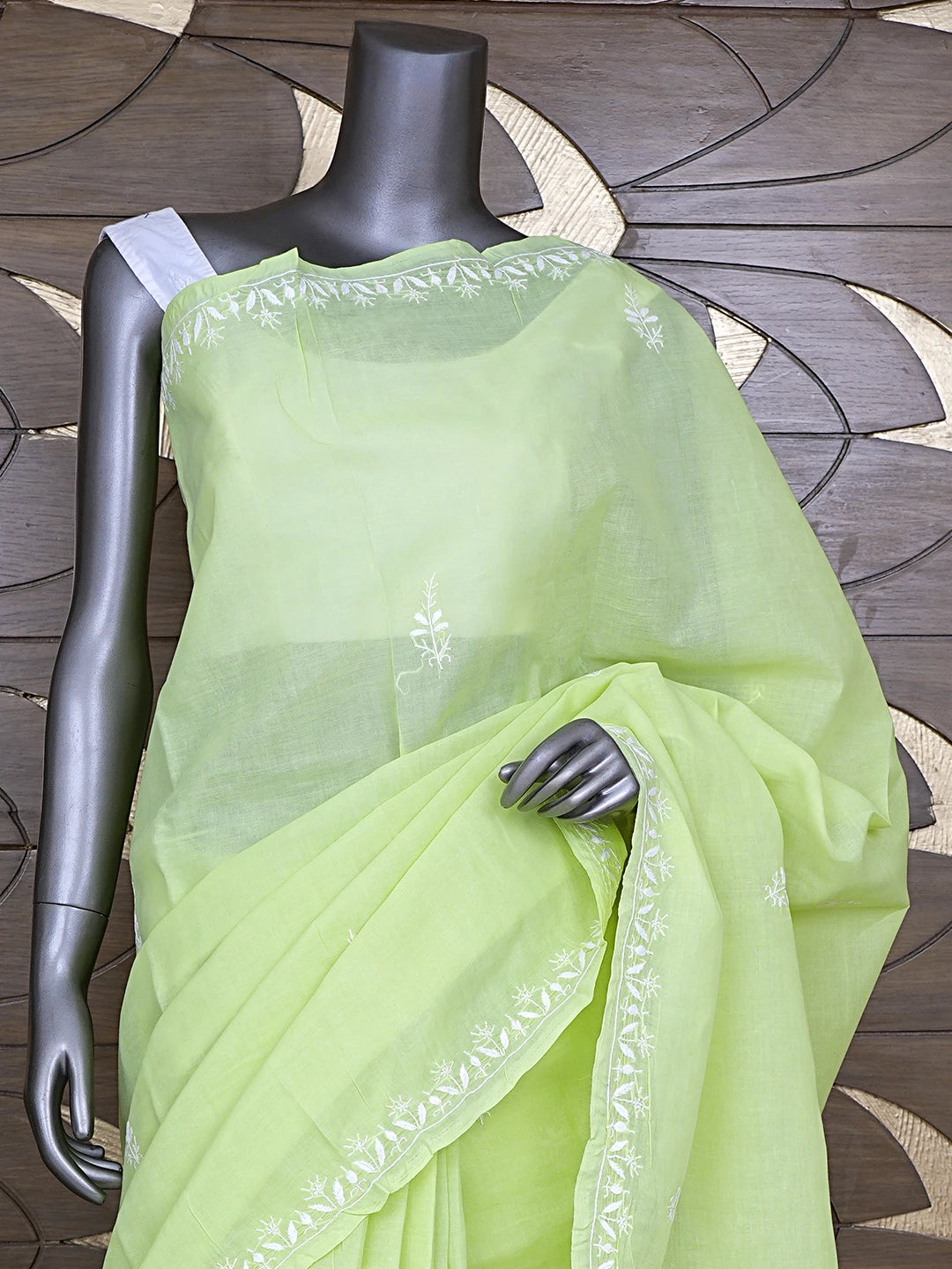 Ada Hand Embroidered Lime Green Cotton Lucknowi Chikankari Saree With Blouse 01A890896