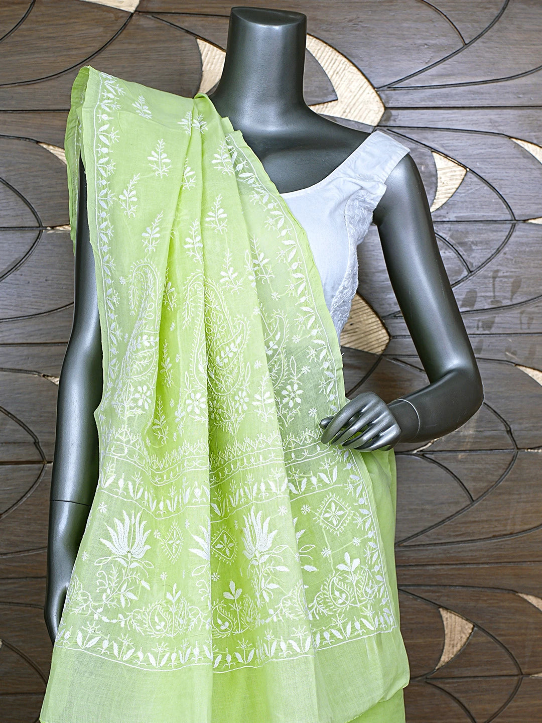 Ada Hand Embroidered Lime Green Cotton Lucknowi Chikankari Saree With Blouse 01A890896
