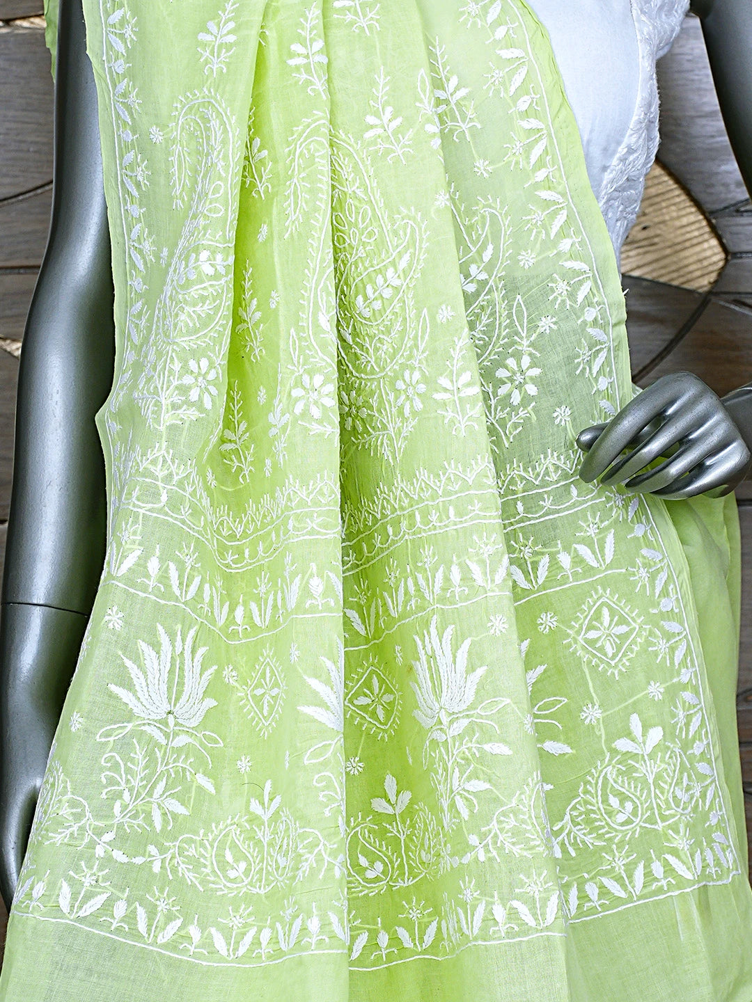 Ada Hand Embroidered Lime Green Cotton Lucknowi Chikankari Saree With Blouse 01A890896