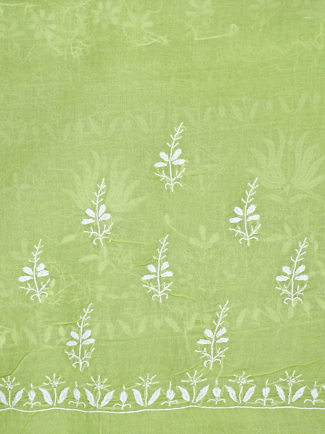 Ada Hand Embroidered Lime Green Cotton Lucknowi Chikankari Saree With Blouse 01A890896