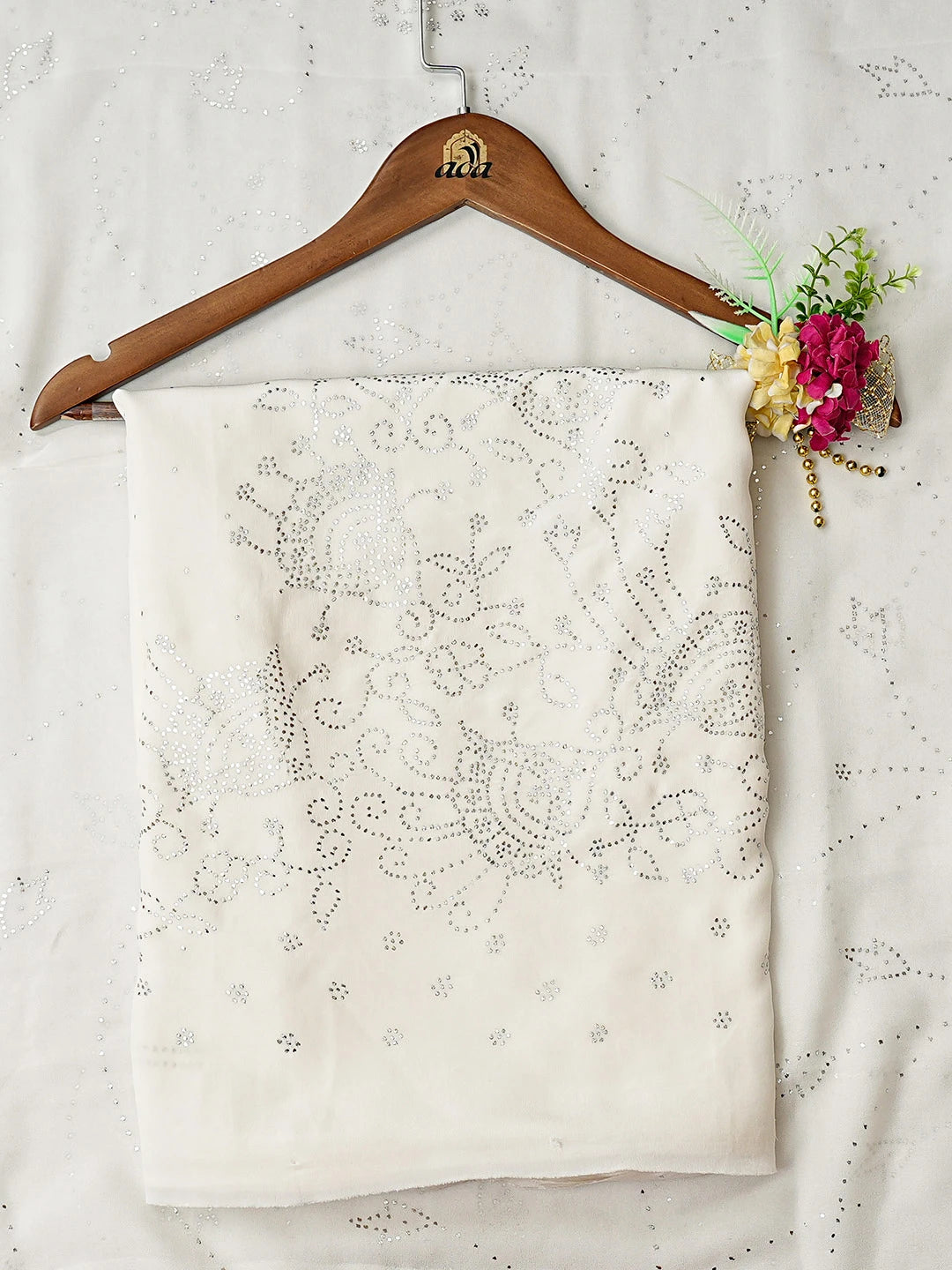 Ada Hand Embroidered Ivory Pure Georgette Lucknowi Chikankari Unstitched Kurta Dupatta Set With Mukaish Work A384906