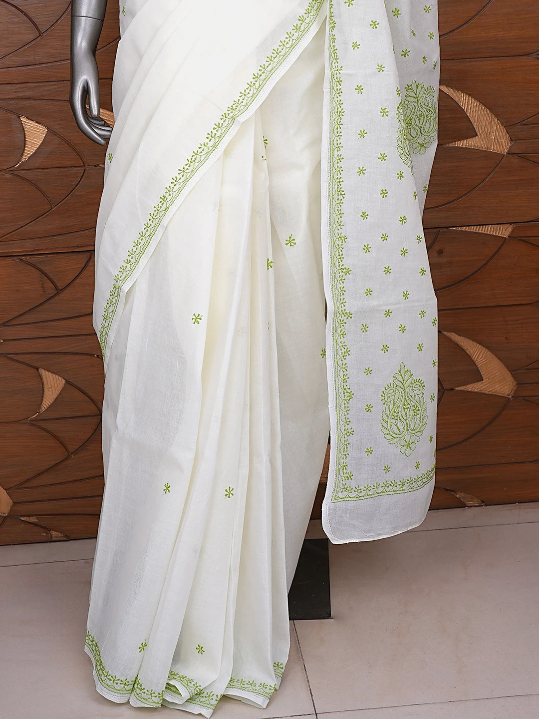 Ada Hand Embroidered Lemon Cotton Lucknowi Chikankari Saree With Blouse 01A872929
