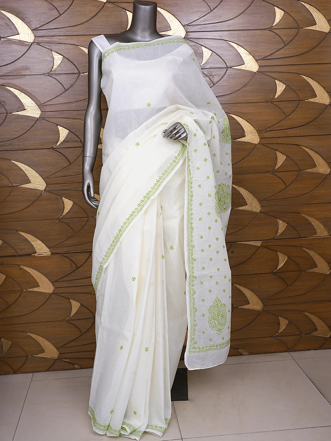 Ada Hand Embroidered Lemon Cotton Lucknowi Chikankari Saree With Blouse 01A872929