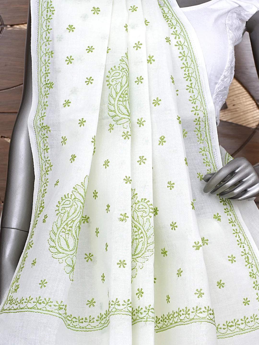 Ada Hand Embroidered Lemon Cotton Lucknowi Chikankari Saree With Blouse 01A872929