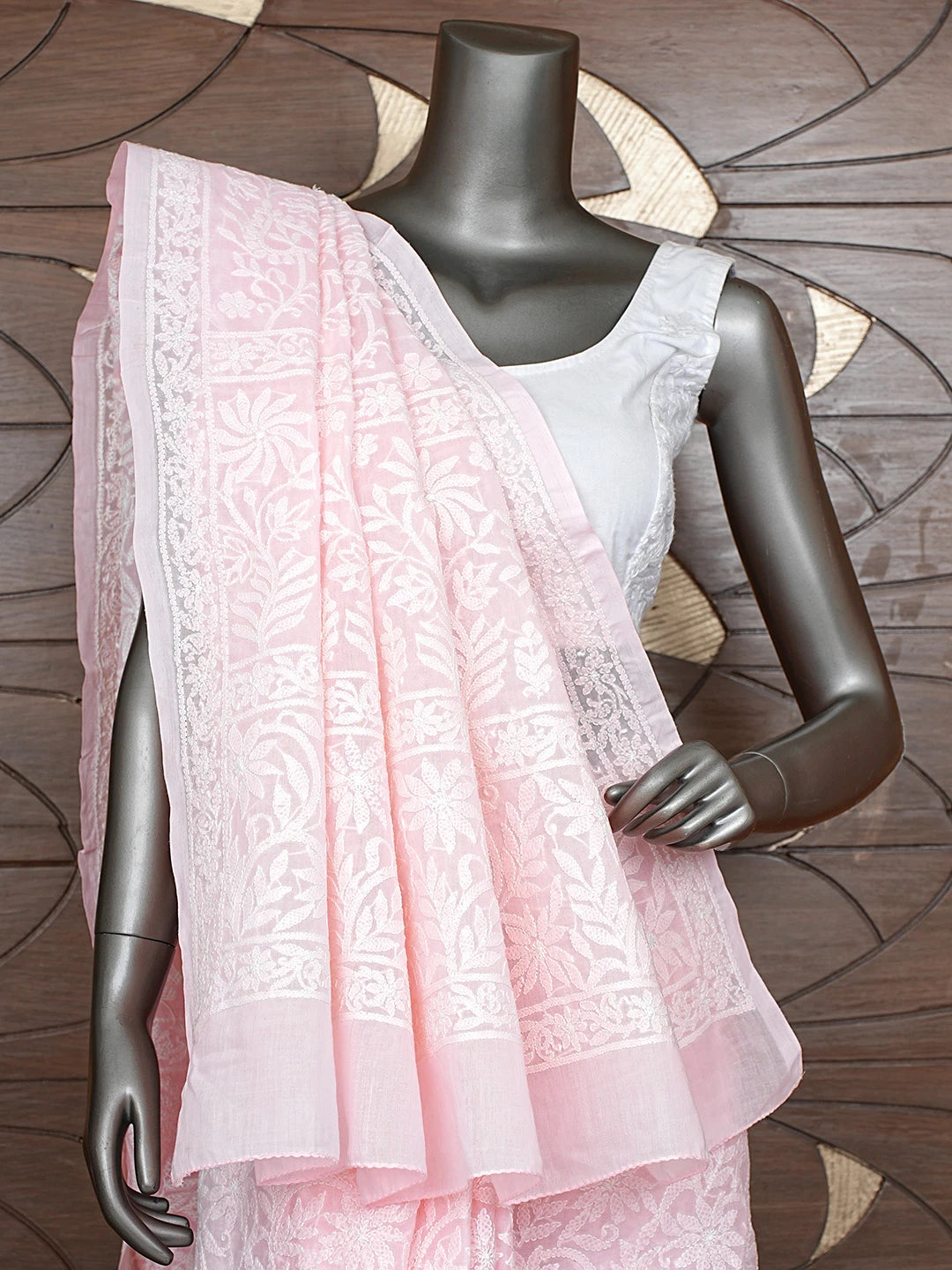 Ada Hand Embroidered Pink Cotton Lucknowi Chikankari Saree With Blouse 01A891281