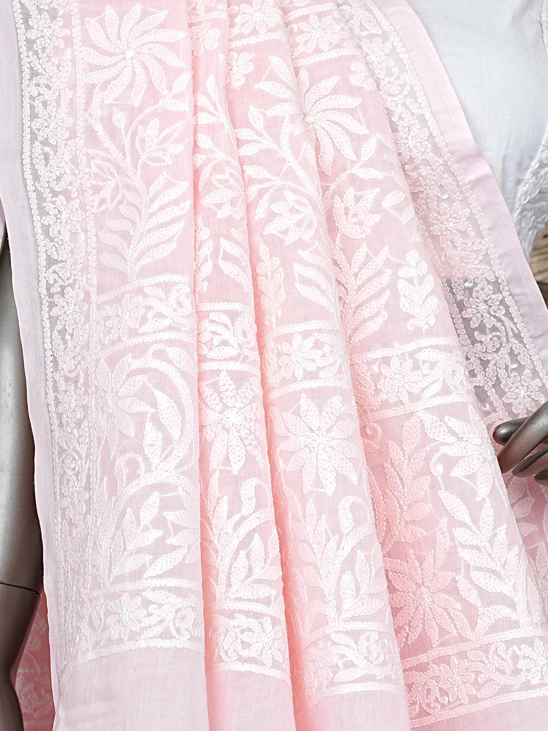 Ada Hand Embroidered Pink Cotton Lucknowi Chikankari Saree With Blouse 01A891281