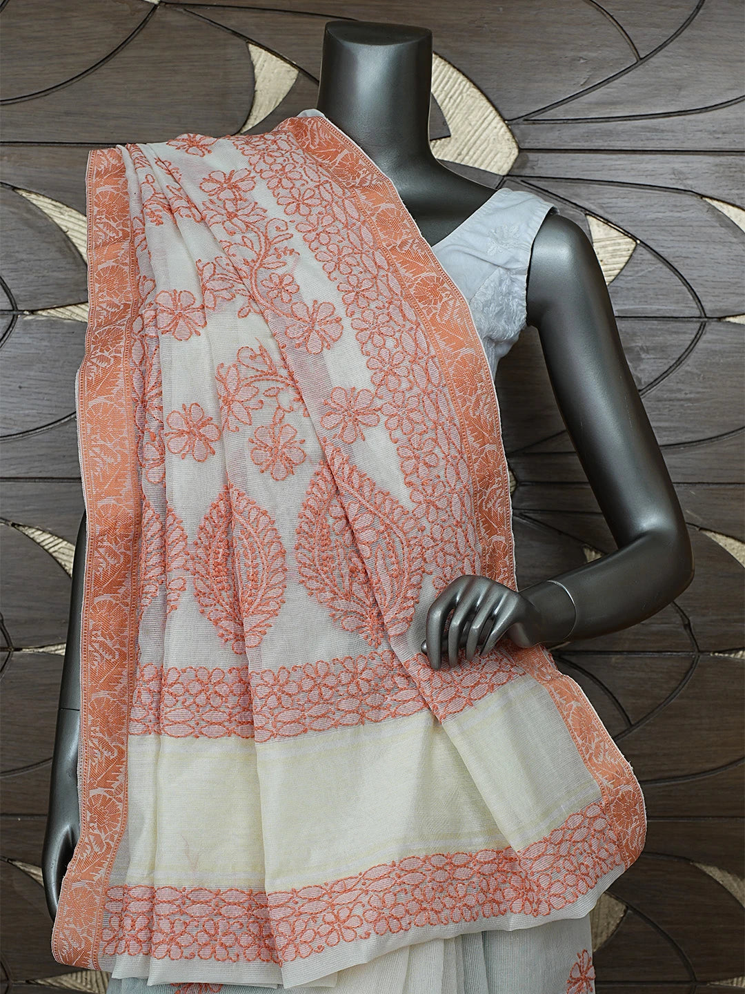 Ada Hand Embroidered Cream Chanderi Lucknowi Chikankari Saree With Blouse 01A869719