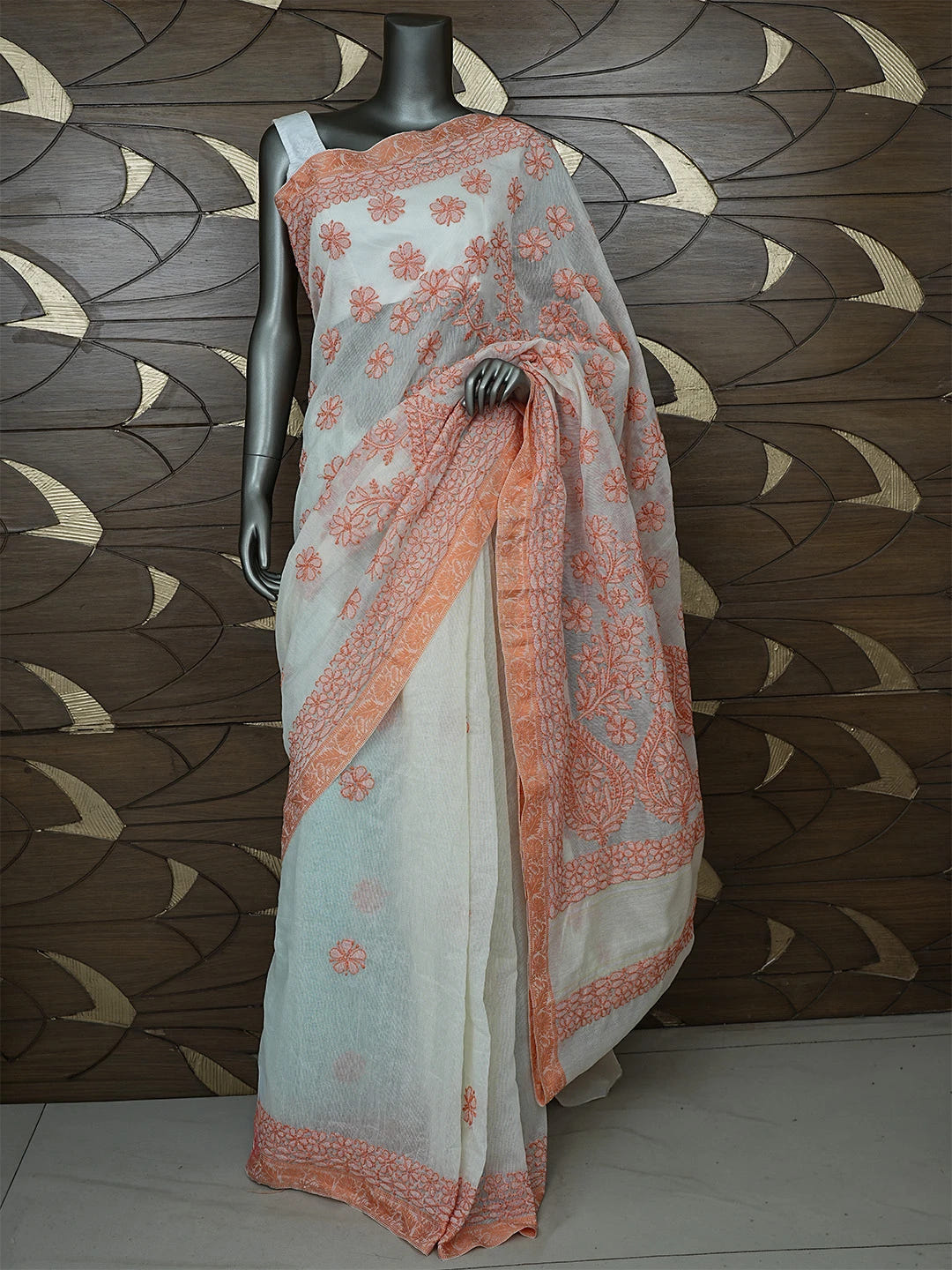 Ada Hand Embroidered Cream Chanderi Lucknowi Chikankari Saree With Blouse 01A869719