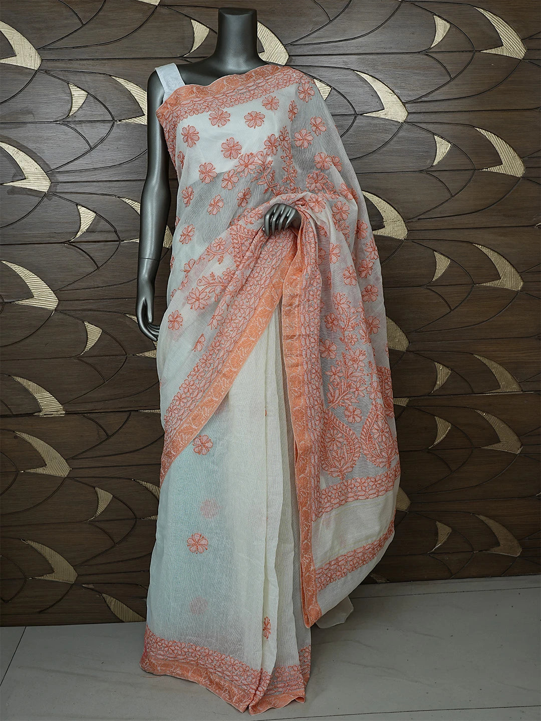 Ada Hand Embroidered Cream Chanderi Lucknowi Chikankari Saree With Blouse 01A869719