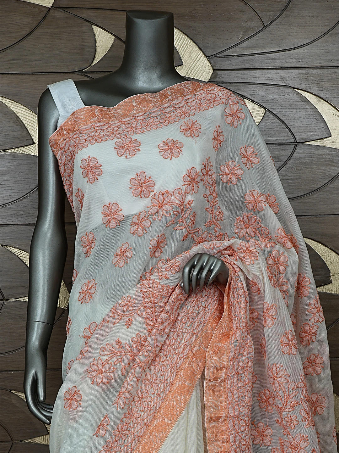 Ada Hand Embroidered Cream Chanderi Lucknowi Chikankari Saree With Blouse 01A869719