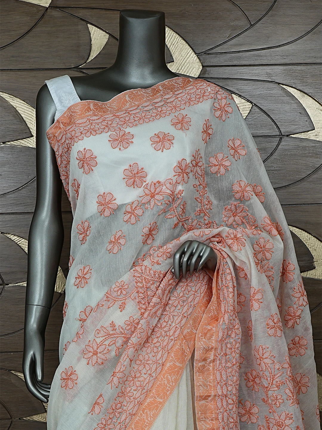 Ada Hand Embroidered Cream Chanderi Lucknowi Chikankari Saree With Blouse 01A869719