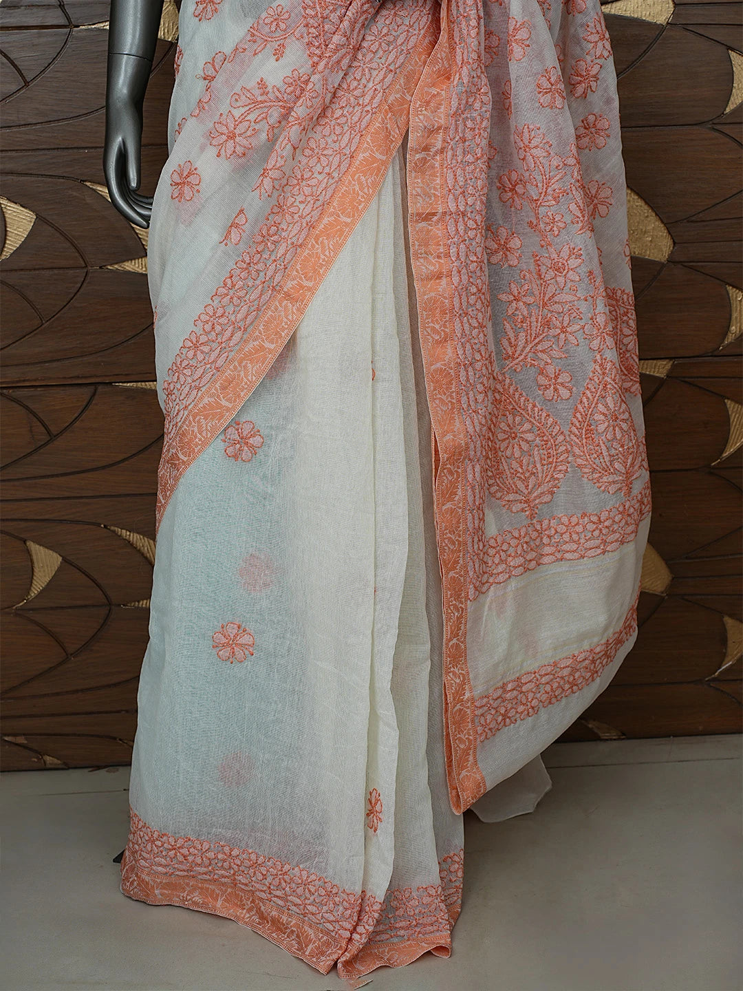 Ada Hand Embroidered Cream Chanderi Lucknowi Chikankari Saree With Blouse 01A869719