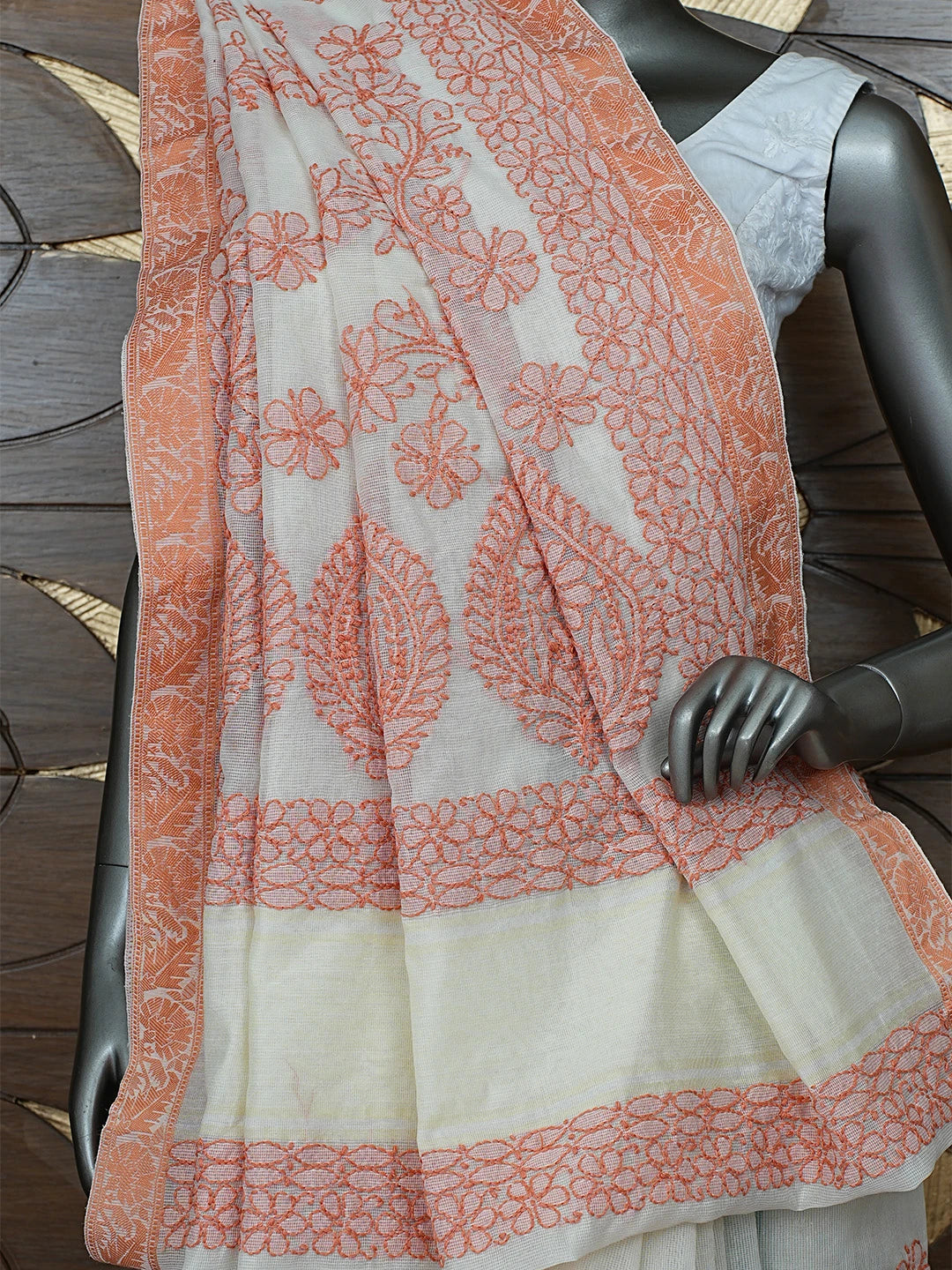 Ada Hand Embroidered Cream Chanderi Lucknowi Chikankari Saree With Blouse 01A869719