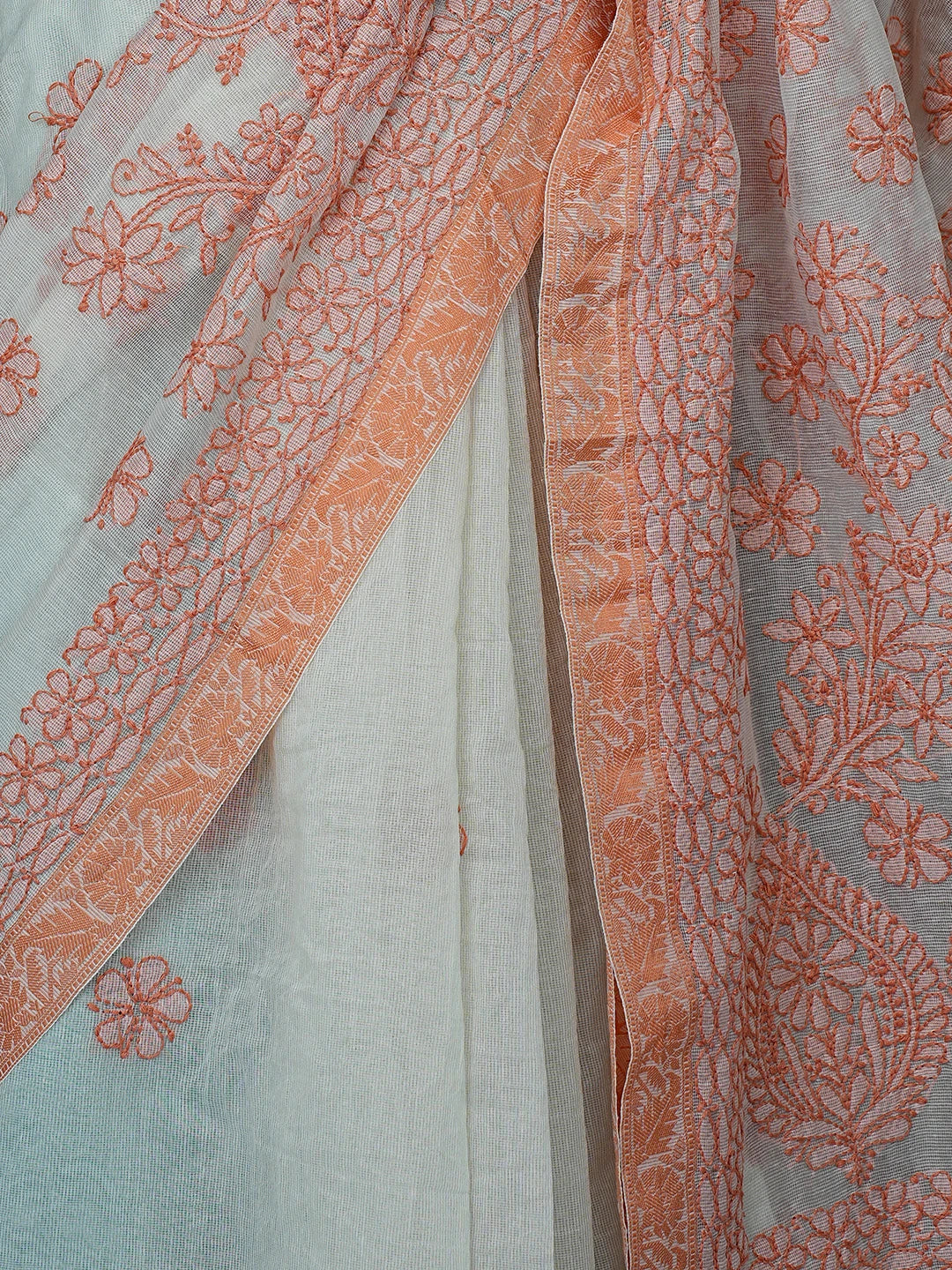 Ada Hand Embroidered Cream Chanderi Lucknowi Chikankari Saree With Blouse 01A869719