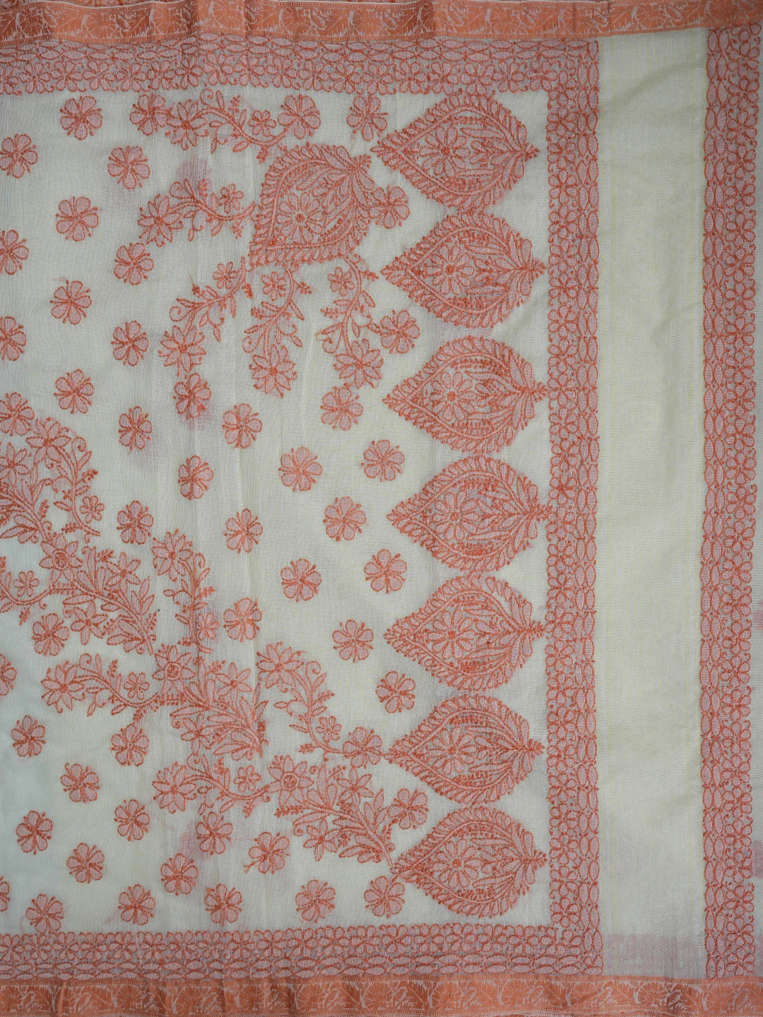 Ada Hand Embroidered Cream Chanderi Lucknowi Chikankari Saree With Blouse 01A869719