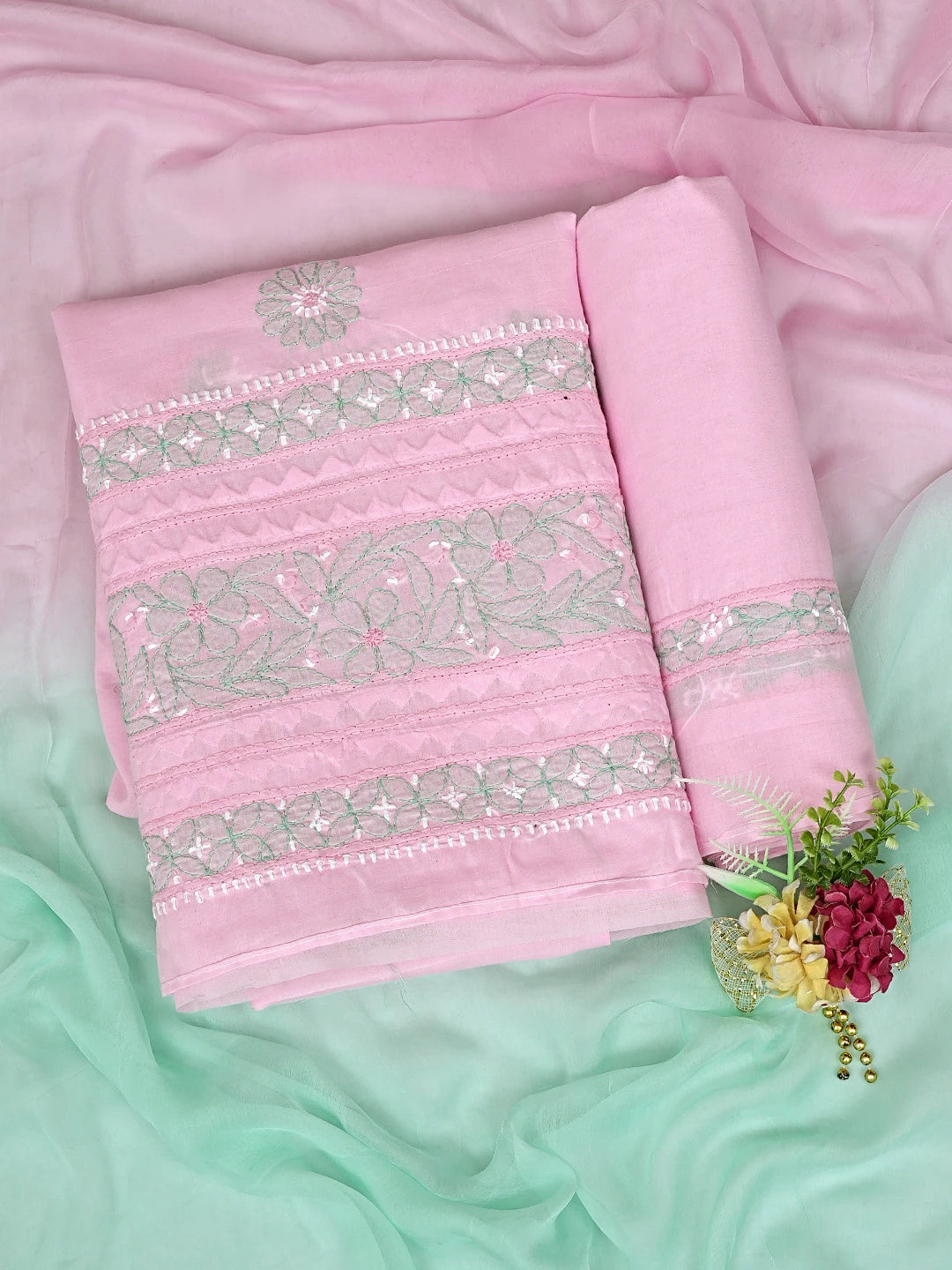 Ada Hand Embroidered Pink Cotton Lucknowi Chikankari Unstitched Suit Piece 01A879658