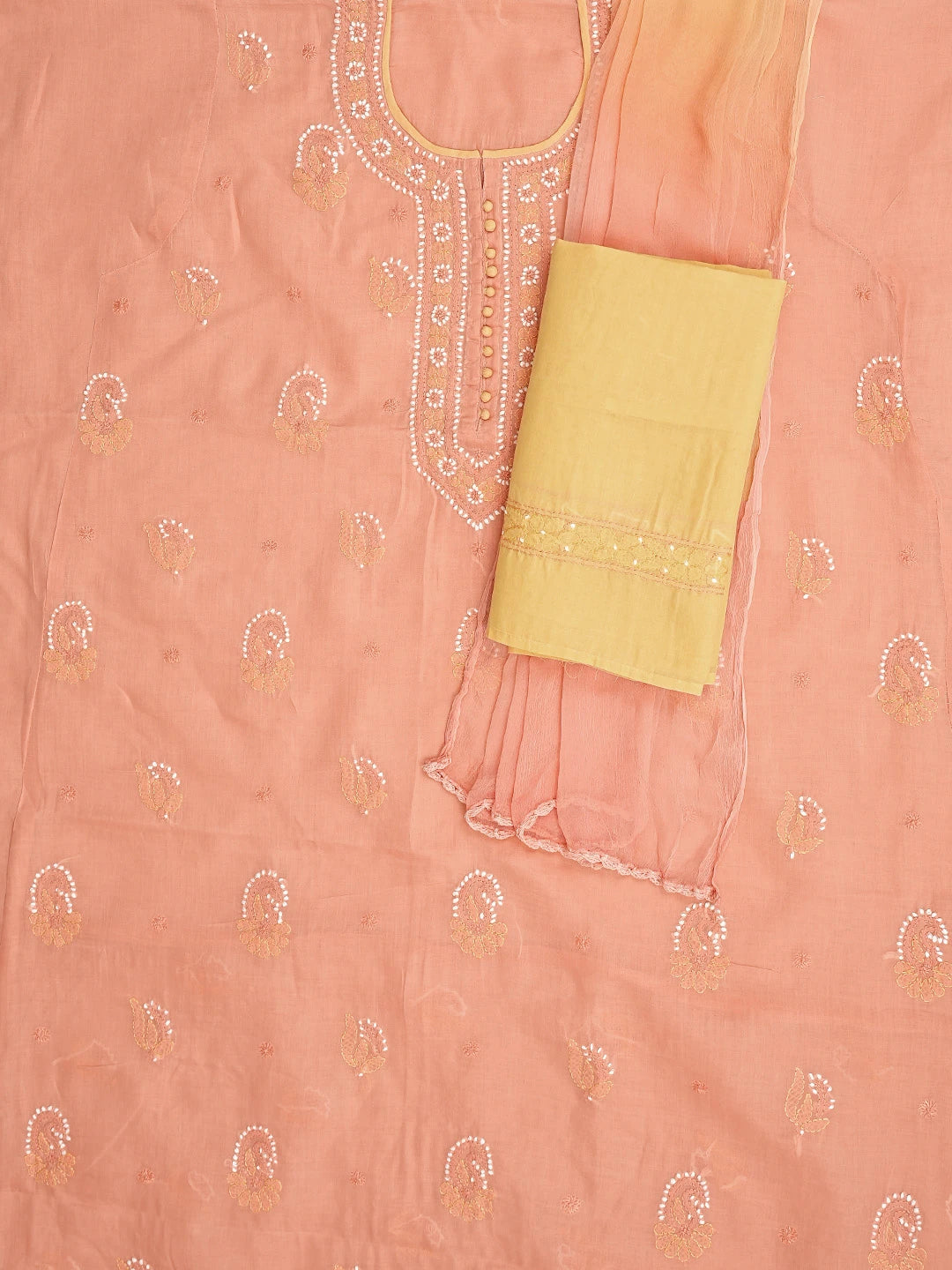Ada Hand Embroidered Peach Cotton Lucknowi Chikankari Unstitched Suit Piece 01A879667