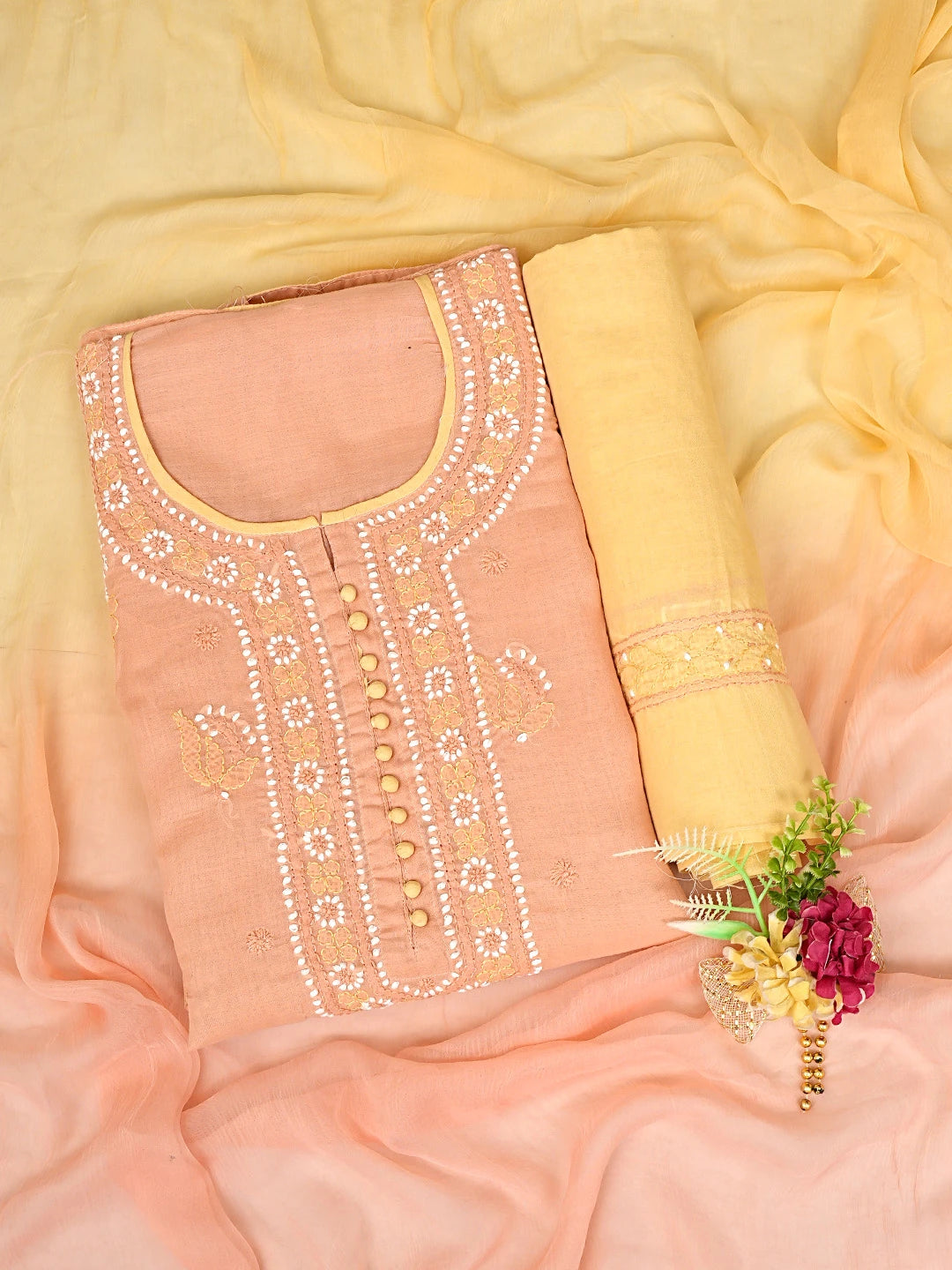 Ada Hand Embroidered Peach Cotton Lucknowi Chikankari Unstitched Suit Piece 01A879667