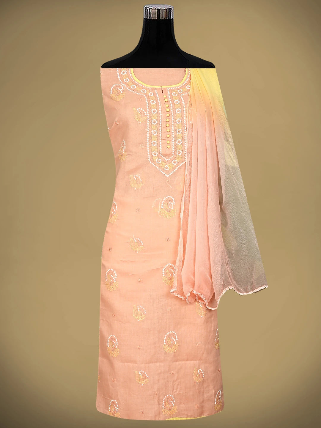 Ada Hand Embroidered Peach Cotton Lucknowi Chikankari Unstitched Suit Piece 01A879667