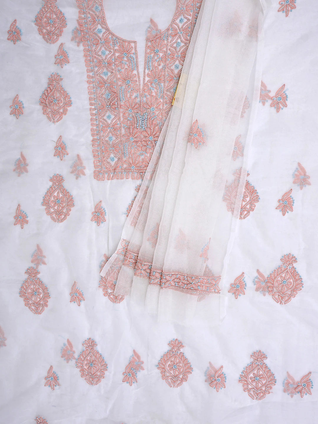 Ada Hand Embroidered White Old Lace Organza Lucknowi Chikankari Unstitched Kurta Dupatta Set With Cutdana Work 01A877733