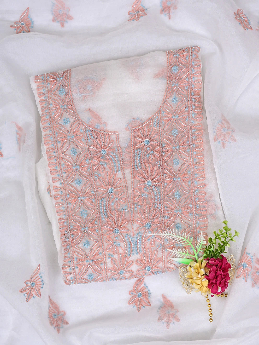 Ada Hand Embroidered White Old Lace Organza Lucknowi Chikankari Unstitched Kurta Dupatta Set With Cutdana Work 01A877733