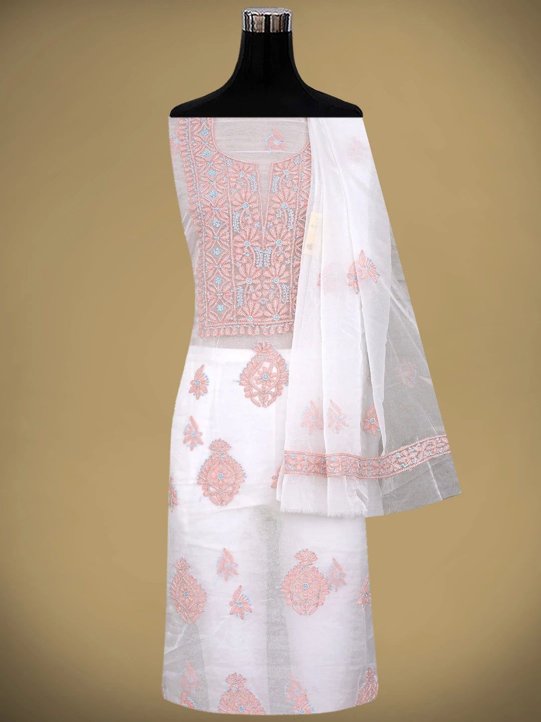 Ada Hand Embroidered White Old Lace Organza Lucknowi Chikankari Unstitched Kurta Dupatta Set With Cutdana Work 01A877733