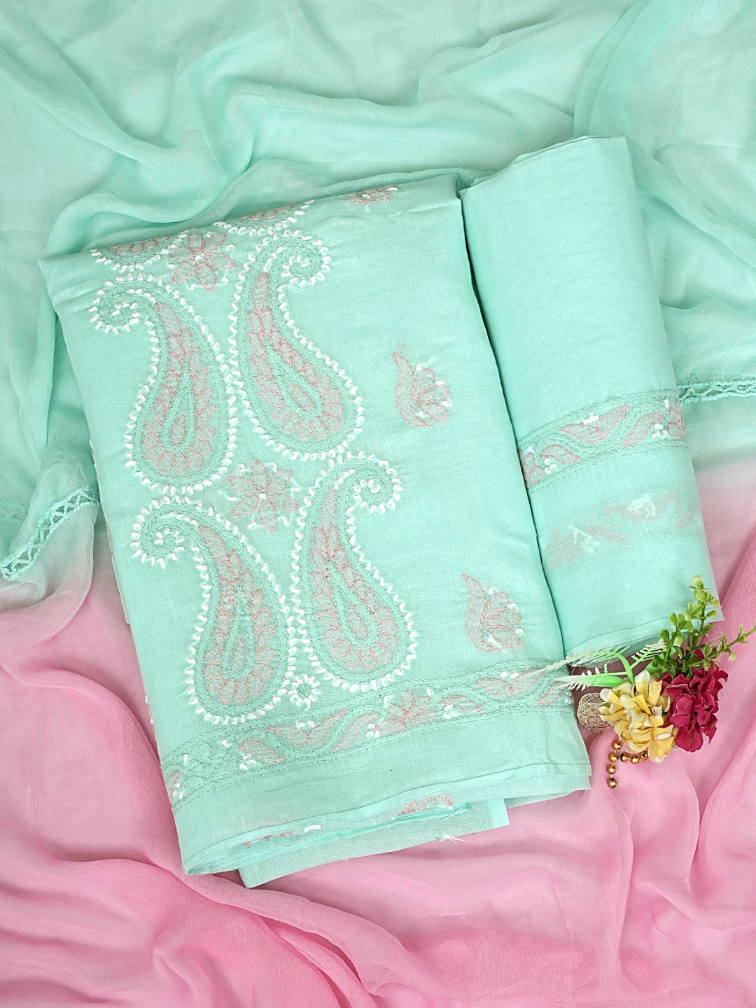 Ada Hand Embroidered Sea Green Cotton Lucknowi Chikankari Unstitched Suit Piece 01A879355