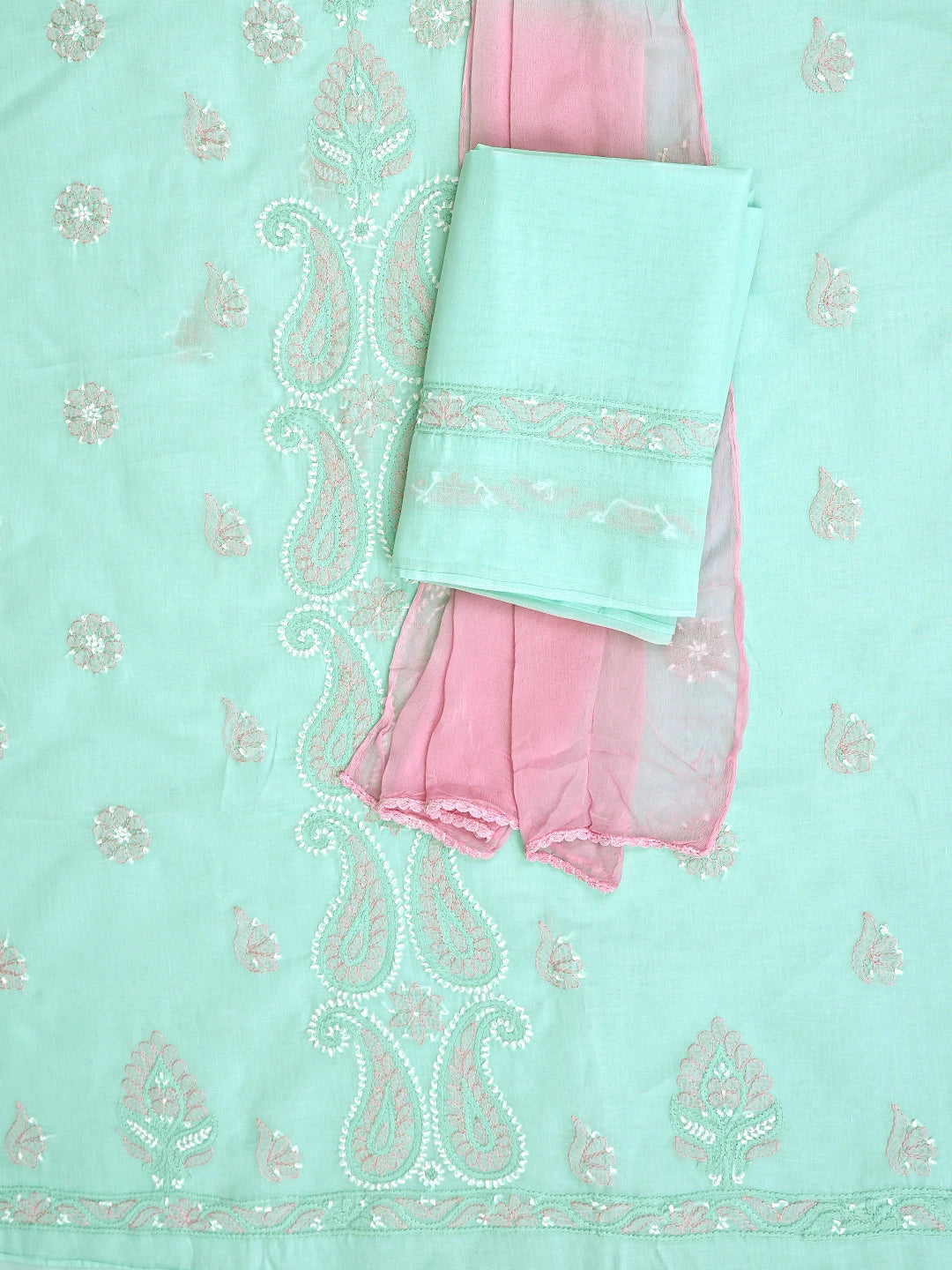 Ada Hand Embroidered Sea Green Cotton Lucknowi Chikankari Unstitched Suit Piece 01A879355