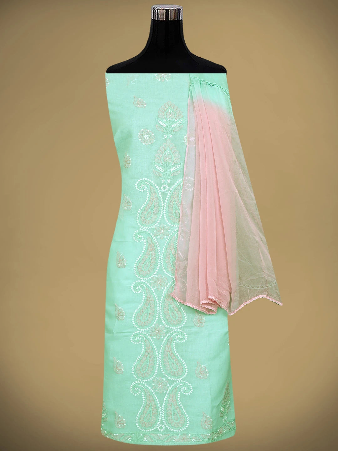 Ada Hand Embroidered Sea Green Cotton Lucknowi Chikankari Unstitched Suit Piece 01A879355
