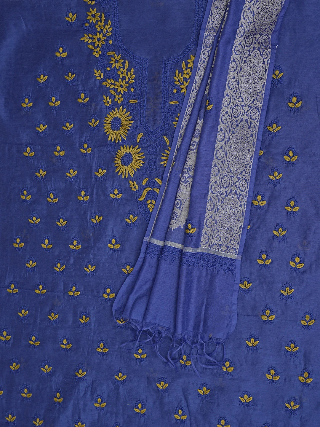 Ada Hand Embroidered Royal Blue Chanderi Lucknowi Chikankari Unstitched Kurta Dupatta Set 01A879591