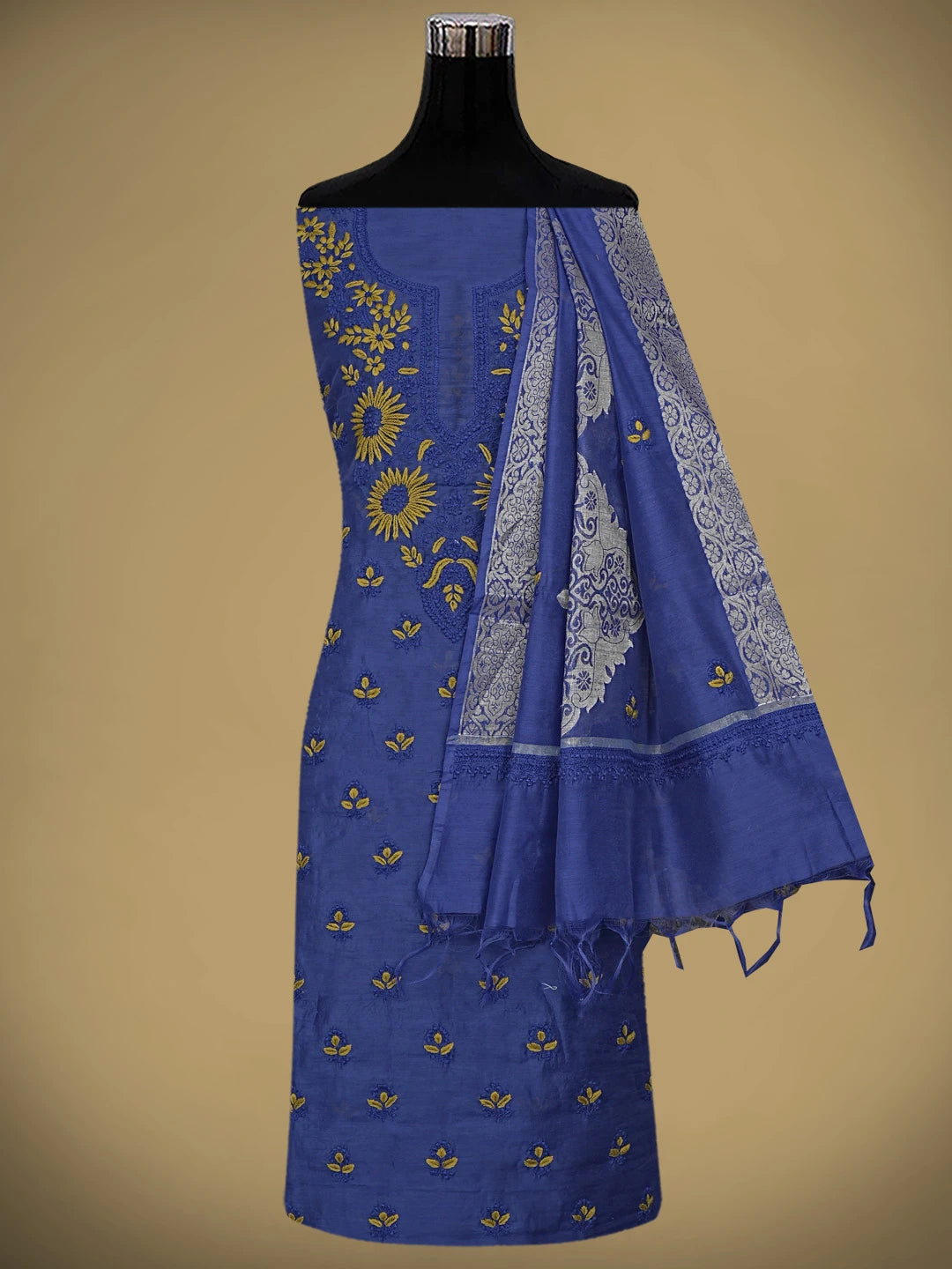 Ada Hand Embroidered Royal Blue Chanderi Lucknowi Chikankari Unstitched Kurta Dupatta Set 01A879591