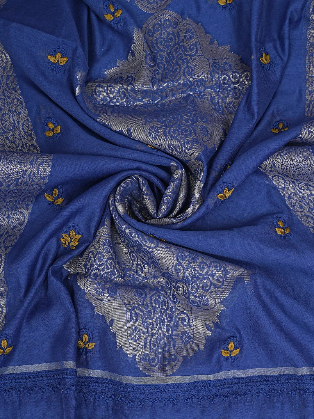Ada Hand Embroidered Royal Blue Chanderi Lucknowi Chikankari Unstitched Kurta Dupatta Set 01A879591