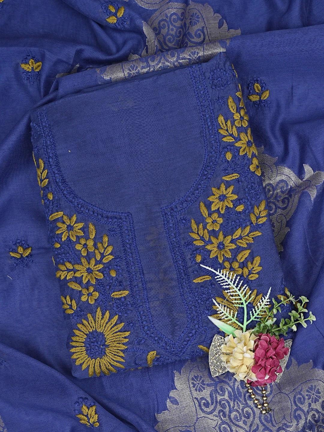 Ada Hand Embroidered Royal Blue Chanderi Lucknowi Chikankari Unstitched Kurta Dupatta Set 01A879591