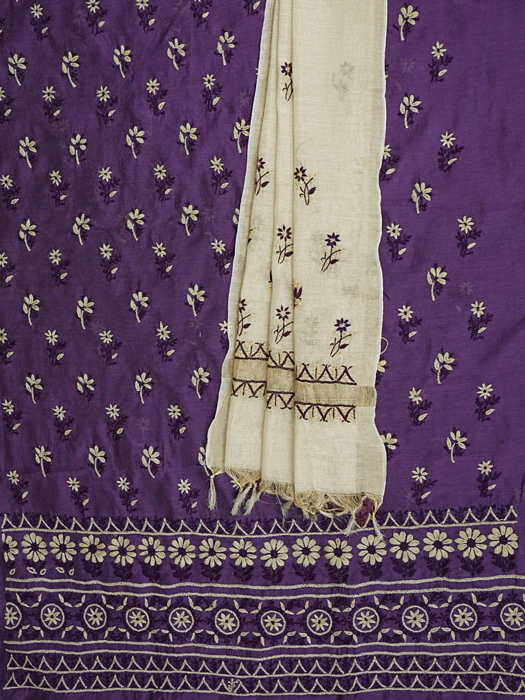 Ada Hand Embroidered Purple Chanderi Lucknowi Chikankari Unstitched Kurta Dupatta Set 01A879568