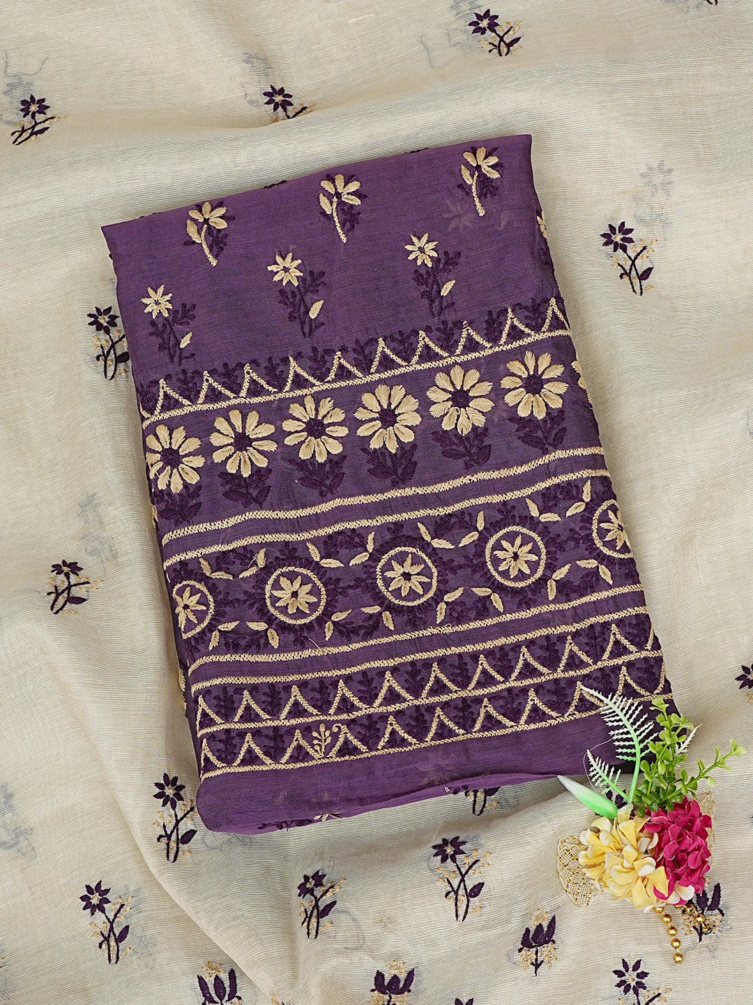 Ada Hand Embroidered Purple Chanderi Lucknowi Chikankari Unstitched Kurta Dupatta Set 01A879568