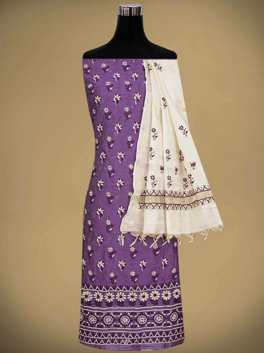Ada Hand Embroidered Purple Chanderi Lucknowi Chikankari Unstitched Kurta Dupatta Set 01A879568