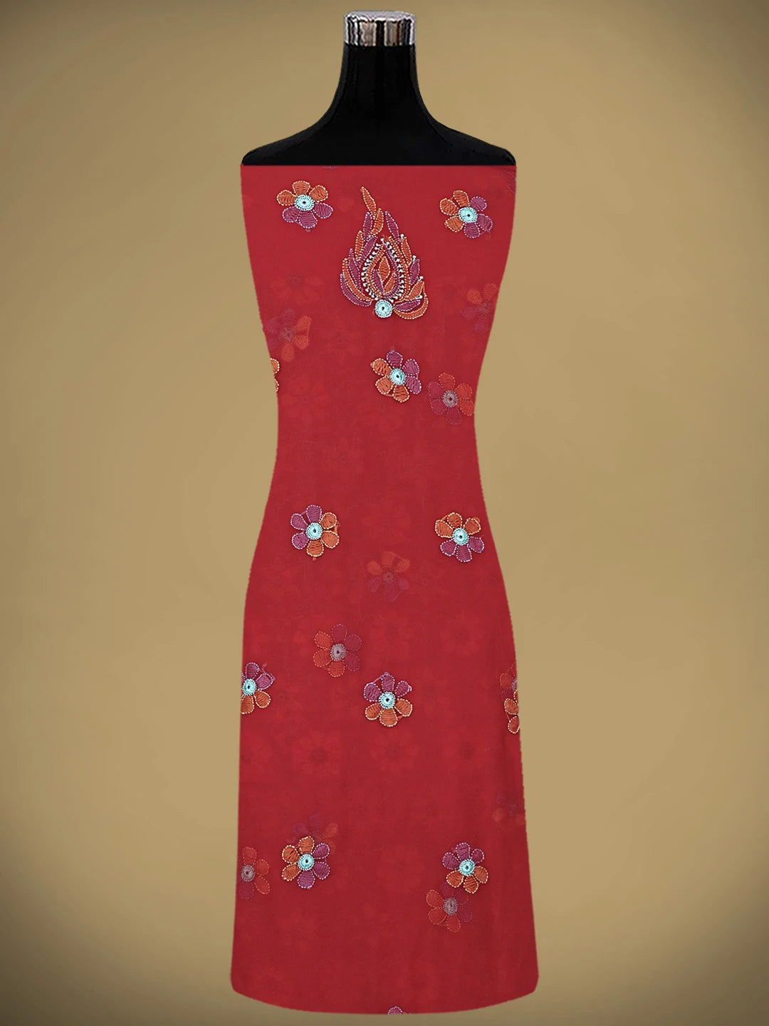 Ada Hand Embroidered Red Georgette Lucknowi Chikankari Unstitched Suit Piece 01A896013
