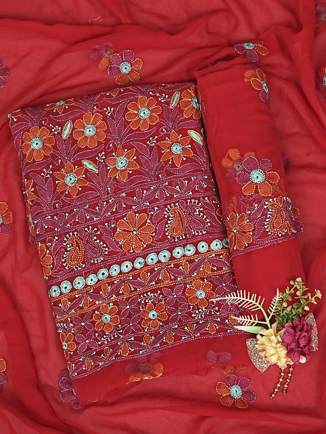Ada Hand Embroidered Red Georgette Lucknowi Chikankari Unstitched Suit Piece 01A896013