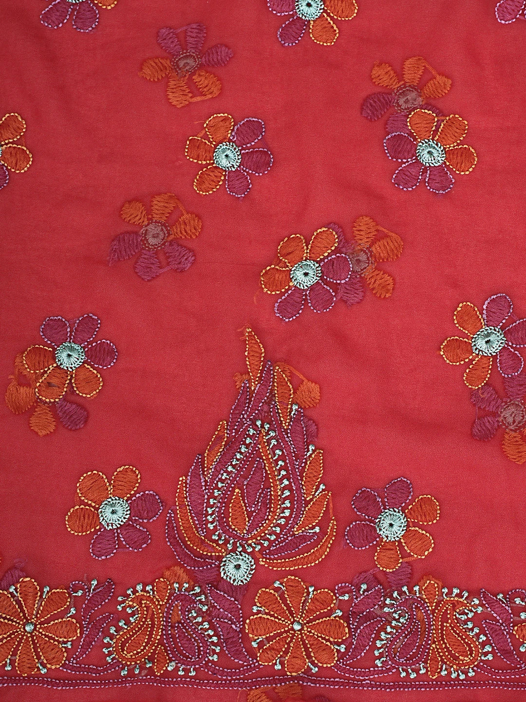 Ada Hand Embroidered Red Georgette Lucknowi Chikankari Unstitched Suit Piece 01A896013