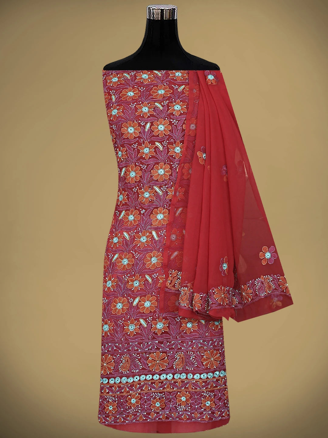 Ada Hand Embroidered Red Georgette Lucknowi Chikankari Unstitched Suit Piece 01A896013