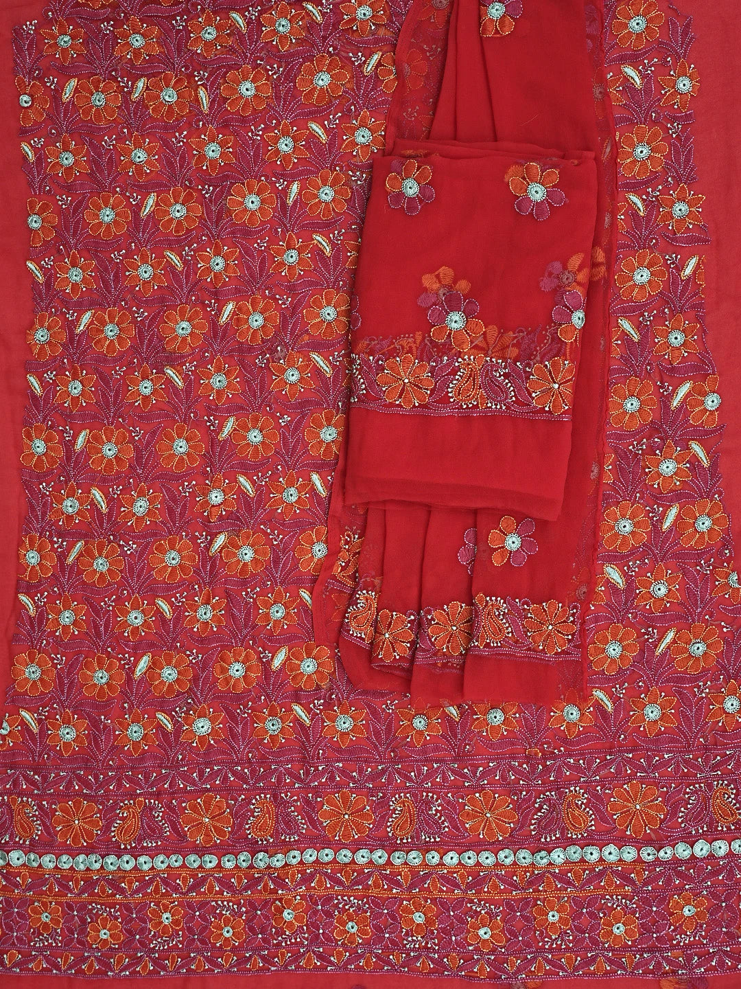 Ada Hand Embroidered Red Georgette Lucknowi Chikankari Unstitched Suit Piece 01A896013