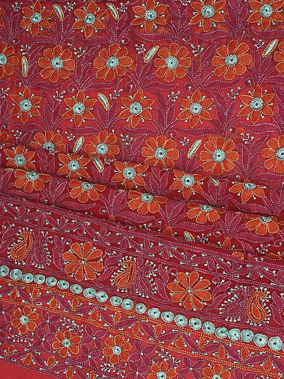 Ada Hand Embroidered Red Georgette Lucknowi Chikankari Unstitched Suit Piece 01A896013